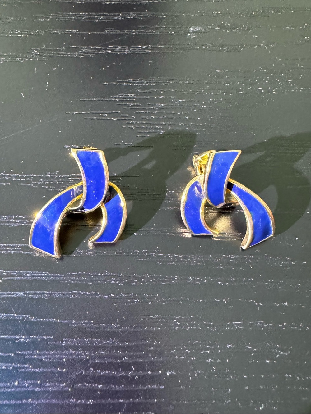 Vintage Monet Cobalt Blue Enamel Gold-Tone Ribbon Clip-On Earrings